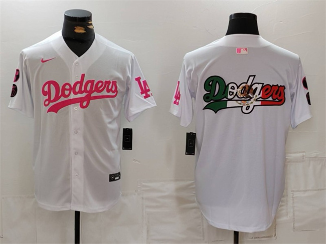 Men's Los Angeles Dodgers Team Big Logo White/Pink Vin & Kobe Patch Stitched Baseball Jersey Men's Los Angeles Dodgers Team Big Logo White/Pink Vin & Kobe Patch Stitched Baseball Jersey